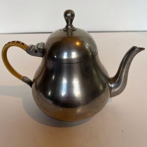 Pewter Teapot Single Serve with Woven Rattan Handle